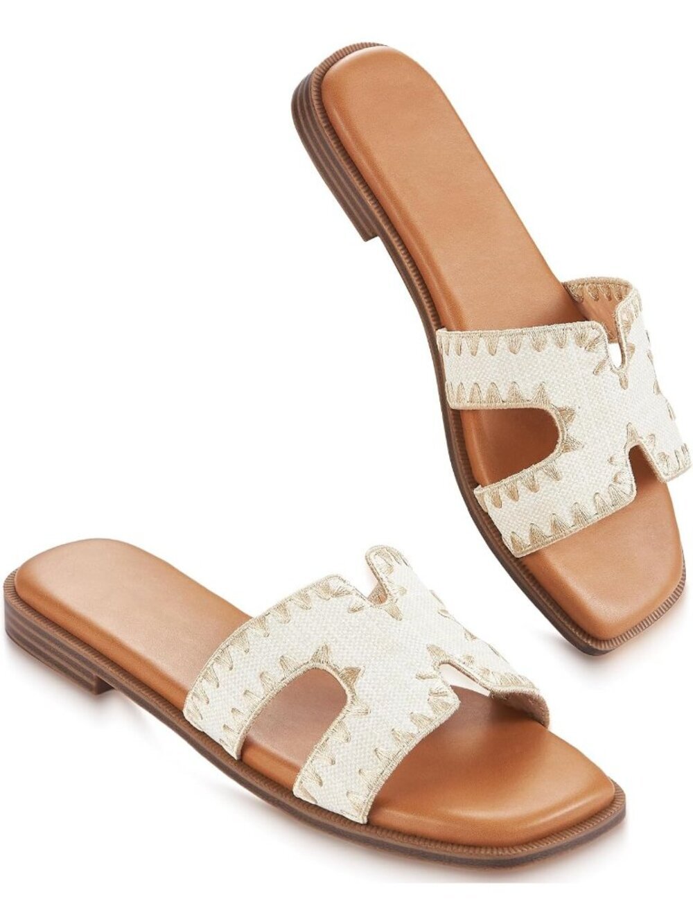 Women's Beige Slip On Flat Soft Foam Slides Comfortable Leather Sandals